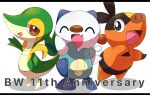  :d ^_^ anniversary black_eyes brown_eyes closed_eyes commentary_request copyright_name english_text fang full_body happy highres kafe_(0415meimei) letterboxed looking_at_viewer no_humans open_mouth oshawott pokemon pokemon_(creature) shadow skin_fang smile snivy standing starter_pokemon_trio tepig white_background 