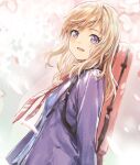  1girl blonde_hair blue_eyes cherry_blossoms instrument_case long_hair looking_at_viewer miyazono_kawori necktie petals piza_rokumai school_uniform shigatsu_wa_kimi_no_uso smile solo striped_necktie violin_case 