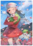  1girl beanie black_hair border cloud coat commentary_request dawn_(pokemon) day eyelashes floating_scarf flower grin hair_ornament hairclip hat highres holding holding_pokemon kikuyoshi_(tracco) long_hair one_eye_closed outdoors pachirisu petals pink_flower pokemon pokemon_(creature) pokemon_(game) pokemon_dppt pokemon_platinum red_coat scarf shaymin shaymin_(land) signature sky smile sparkle teeth thighhighs white_border white_headwear white_legwear 