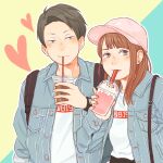  1boy 1girl backpack bag bangs baseball_cap black_hair blunt_bangs brown_hair buttons clothes_writing commentary_request cup daishou_suguru denim denim_jacket disposable_cup drinking drinking_straw earrings grey_eyes haikyuu!! hat heart holding holding_cup jacket jewelry laugh_111 long_hair long_sleeves looking_at_viewer matching_outfit milkshake open_clothes open_jacket pink_headwear pink_nails shirt shoulder_bag side-by-side star_(symbol) star_earrings white_shirt yamaka_mika 