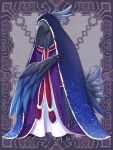  1other barefoot bird blue_cloak cloak commentary_request crow full_body furry kerberos_blade looking_at_viewer natsuya_(kuttuki) purple_background purple_robe red_eyes solo starry_sky_print white_robe 