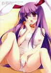  animal_ears blush breasts bunny_ears carrot hand_under_clothes hand_under_swimsuit highres large_breasts long_hair masturbation miyasu_risa nipples one-piece_swimsuit open_mouth purple_hair pussy_juice red_eyes reisen_udongein_inaba school_swimsuit school_swimsuit_flap see-through solo swimsuit touhou white_school_swimsuit white_swimsuit 