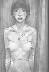  blood box breasts girl_in_a_box guro highres hiroaki_samura in_box in_container monochrome navel nipples nude pencil realistic scan short_hair solo tears torture 
