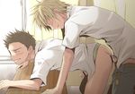  2boys anal artist_request bent_over blonde_hair blush bottomless bottomless_male boy brown_hair classroom closed_eyes cry cum cum_in_ass cum_inside desk doggystyle erection eyes_closed male male_focus multiple_boys on_desk penis penis_in_male_anus precum saliva school school_uniform schoolboy sex tears undressing uniform yaoi 