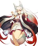  1girl absurdres animal_ears breasts cozy fox_ears fox_tail gradient_hair highres japanese_clothes leg_up long_hair looking_at_viewer multicolored_hair original red_eyes red_hair sandals sash sidelocks simple_background smile solo tabi tail very_long_hair white_background white_hair white_legwear 