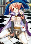  bandages breasts cape copyright_request elbow_gloves fingerless_gloves frown gloves hat imageboard_sample kneeling medium_breasts nipples no_bra no_panties pink_hair plaid plaid_skirt red_eyes sesena_yau skirt solo spread_legs thighhighs torn_clothes wand 