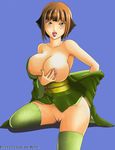  areolae bare_shoulders blush breasts brown_hair huge_breasts japanese_clothes nail_polish natane_(pokemon) nintendo nipples no_panties open_mouth pokemon pussy short_hair solo thighhighs tongue uncensored undressing 