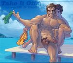  2boys bara dock highres island male male_focus multiple_boys muscle nude penis sitting speedo swim_briefs swim_trunks toothpick water yaoi 