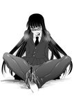  amano_issui black_hair censored cum feet footjob formal houkago_play long_hair monochrome necktie pantyhose semen sitting suit tie yellow_eyes 