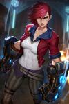  1girl abs arcane:_league_of_legends belt blurry blurry_background covered_abs covered_navel earrings eyebrow_cut facial_tattoo freckles gauntlets highres hood hood_down horizontal_stripes jacket jewelry league_of_legends looking_at_viewer loose_belt neoartcore nose_piercing pants parted_lips piercing red_hair red_jacket scar scar_on_face scar_on_mouth short_hair sidecut smile solo striped striped_pants tattoo tomboy vi_(league_of_legends) 