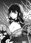  1girl artist_name braid braided_ponytail breasts bridal_gauntlets choker cleavage collarbone commentary english_commentary floral_background genshin_impact greyscale highres ink japanese_clothes kimono large_breasts light_smile long_hair long_sleeves looking_at_viewer luffie mole mole_under_eye monochrome obi obiage obijime own_hands_together print_kimono raiden_shogun ribbon_choker sash shrug_(clothing) solo tassel tomoe_(symbol) upper_body 