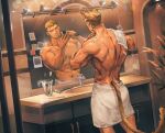  1boy abs animal_ears ass bara bathroom blonde_hair brown_hair cat_boy cat_ears cat_tail commission dark-skinned_male dark_skin different_reflection ear_piercing facial_hair from_behind goatee highres kemonomimi_mode large_pectorals male_focus mature_male mirror multicolored_hair muscular muscular_male naked_towel navel navel_hair nipples original pectorals piercing reflection romg scar scar_across_eye scar_on_cheek scar_on_face shaving short_hair sideburns spiked_hair stomach tail tengo_(maotengo) thick_eyebrows topless_male towel trimmer two-tone_hair undercut 
