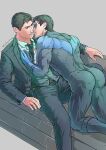  2boys artist_name ass bara batman_(series) belt black_bodysuit black_hair black_jacket black_pants black_vest blue_bodysuit bodysuit bodysuit_pull bruce_wayne couch dc_comics dick_grayson domino_mask evinist father_and_son formal highres imminent_kiss incest jacket looking_at_another lying male_focus mask multiple_boys muscular muscular_male necktie nightwing on_back on_couch open_clothes open_jacket pants parted_lips shirt short_hair taut_bodysuit taut_clothes thick_thighs thighs two-tone_bodysuit vest white_shirt yaoi 