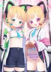  2girls :d bangs black_legwear black_shorts black_skirt blonde_hair blue_archive blue_bow blue_necktie blush bow bra breasts cat_ear_headphones clothes_lift collared_shirt commentary_request dress_shirt eyebrows_visible_through_hair green_eyes hair_bow halo headphones highres jacket kokone_(coconeeeco) lifted_by_self long_sleeves midori_(blue_archive) momoi_(blue_archive) multiple_girls necktie open_clothes open_jacket open_shirt panties parted_lips purple_eyes red_bow shirt short_necktie short_shorts shorts skirt skirt_lift small_breasts smile striped striped_panties sweat thighhighs training_bra underwear v-shaped_eyebrows white_bra white_jacket white_shirt 