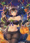  1girl :o animal_ear_fluff animal_ears artist_name bandeau bare_shoulders bare_tree bell black_collar black_gloves black_hair black_shorts blue_eyes breasts brown_legwear candy candy_cane candy_wrapper cerberus_(kemono_friends) collar commentary dog_ears dog_girl dog_tail elbow_gloves fingerless_gloves food gloves hair_bell hair_ornament halloween_bucket highres holding holding_food jingle_bell kemono_friends legwear_under_shorts lollipop medium_breasts navel neck_bell night night_sky outdoors pantyhose parted_lips scar scar_across_eye short_shorts shorts sky solo star_(sky) starry_sky strapless swirl_lollipop tail tree tube_top two_side_up villyane watermark web_address 