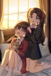  2girls absurdres black_hair blue_eyes closed_eyes fate/zero fate_(series) hair_ribbon highres holding holding_stuffed_toy indoors kyo_(maae00) long_hair matou_sakura multiple_girls red_ribbon ribbon siblings sisters sitting socks stuffed_animal stuffed_toy teddy_bear tohsaka_rin tohsaka_sakura twintails white_legwear window 