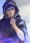  1boy amon_koutarou bangs black_cloak black_hair brown_eyes cloak closed_mouth cross cross_necklace gradient gradient_background heterochromia highres holding hood hood_up hooded_cloak jewelry kyuuba_melo long_sleeves male_focus necklace red_eyes short_hair solo tokyo_ghoul tokyo_ghoul:re upper_body wide_sleeves 