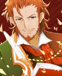  1boy beard book brown_eyes brown_hair brown_jacket choco_(chocovix112) closed_mouth commentary facial_hair fate/grand_order fate_(series) forehead green_jacket jacket looking_at_viewer male_focus quill red_neckwear sideburns smile solo stubble upper_body v-shaped_eyebrows william_shakespeare_(fate) 