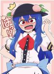  !? 1girl back_bow bangs black_headwear blue_hair blush bow buttons center_frills collared_dress commentary_request dress embarrassed eyebrows_visible_through_hair eyelashes frills fruit_hat_ornament hand_on_hip hinanawi_tenshi leaf long_hair looking_at_viewer open_mouth peach_hat_ornament puffy_short_sleeves puffy_sleeves red_neckwear red_ribbon ribbon shio_(futatsumami) shirt short_sleeves sidelocks simple_background solo standing sweat sweatdrop teeth tongue touhou translated upper_body upper_teeth v-shaped_eyebrows white_dress white_shirt wing_collar 