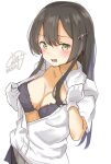  1girl black_bra black_hair bra breasts cleavage dated dress_shirt gloves hair_ornament hairclip highres kantai_collection large_breasts long_hair one-hour_drawing_challenge open_clothes oyashio_(kancolle) pen_chou shirt short_sleeves signature simple_background solo underwear upper_body white_background white_gloves white_shirt yellow_eyes 