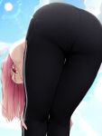 1girl ass ass_focus bare_shoulders bent_over black_pants blue_sky cloud commentary ddangbi from_behind hands_on_own_knees highres long_hair looking_at_viewer looking_back original outdoors pants pantylines pink_eyes pink_hair sky solo standing sun sunlight sweat sweatpants 