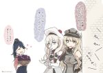  3girls ane_hoshimaru basket beret bismarck_(kancolle) black_hair blonde_hair blue_eyes closed_eyes detached_sleeves dress food gloves hair_between_eyes hat houshou_(kancolle) kantai_collection long_hair military military_uniform mole mole_under_eye mole_under_mouth multicolored_clothes multicolored_scarf multiple_girls peaked_cap ponytail richelieu_(kancolle) scarf smile strapless strapless_dress sweet_potato translation_request two-tone_dress uniform white_gloves 