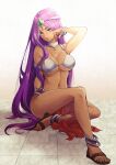  1girl anklet arm_up bracelet breasts choker cleavage collarbone commentary_request dancer dragon_quest dragon_quest_iv full_body gem headdress highres jewelry large_breasts long_hair looking_at_viewer manya_(dq4) metal_bikini navel outsuba_itaru pelvic_curtain purple_eyes purple_hair sandals sitting smile solo tan twitter_username 
