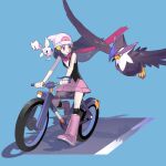  1girl absurdres beanie bicycle black_hair black_legwear black_shirt blue_background blush_stickers boots commentary dawn_(pokemon) floating_hair grey_eyes ground_vehicle hair_ornament hairclip hat highres hiro_(user_negm3832) kneehighs long_hair parted_lips pink_footwear pink_skirt pokemon pokemon_(creature) pokemon_(game) pokemon_dppt riding_bicycle scarf shirt skirt sleeveless sleeveless_shirt smile staraptor togetic white_headwear 