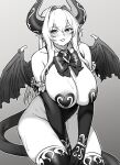  1girl bangs bare_shoulders blush bow breasts cattleya_(houtengeki) demon_girl demon_horns demon_tail demon_wings detached_collar greyscale hair_intakes heart_pasties highleg highleg_leotard highres horns houtengeki large_breasts leotard long_hair looking_at_viewer monochrome open_mouth original pasties pointy_ears sidelocks smile solo tail thighhighs thighs wings 