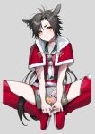  1girl air_shakur_(umamusume) animal_ears arm_tattoo bangs between_legs black_hair boots capelet christmas copyright_name eyebrow_piercing grey_background holding_laptop horse_ears horse_girl jewelry long_hair multiple_rings parted_bangs piercing red_nails red_shorts ring sailor_collar santa_costume shorts simple_background solo spread_legs sticker sweatdrop tan_(inka) tattoo thigh_boots thighhighs umamusume yellow_eyes 