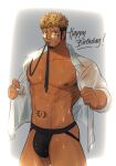  1boy abs absurdres bara bare_pectorals between_pectorals black_male_underwear black_necktie blonde_hair brown_hair bulge collared_shirt commission cowboy_shot dark-skinned_male dark_skin ear_piercing f_jun facial_hair glasses goatee happy_birthday highres jockstrap large_pectorals looking_at_viewer male_focus male_underwear mature_male mouth_hold multicolored_hair muscular muscular_male navel necktie necktie_between_pectorals necktie_in_mouth nipples no_pants open_clothes open_shirt original pectorals piercing romg salaryman scar scar_across_eye scar_on_cheek scar_on_face see-through shirt short_hair sideburns solo spiked_hair stomach stomach_tattoo tattoo thick_eyebrows thick_thighs thighs two-tone_hair undercut underwear undressing wet wet_clothes wet_male_underwear wet_shirt 