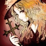  1girl ancient blonde_hair closed_mouth collared_shirt commentary_request cross expressionless eyelashes face frilled_hat frills hat holding holding_cross jacket_girl_(dipp) katari long_hair ribbon shirt touhou wavy_hair 