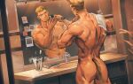  1boy abs animal_ears ass bara bathroom blonde_hair brown_hair cat_boy cat_ears cat_tail commission completely_nude dark-skinned_male dark_skin different_reflection ear_piercing facial_hair from_behind goatee highres kemonomimi_mode large_pectorals male_focus mature_male mirror multicolored_hair muscular muscular_male naked_towel navel navel_hair nipples nude original pectorals piercing reflection romg scar scar_across_eye scar_on_cheek scar_on_face shaving short_hair sideburns spiked_hair stomach tail tengo_(maotengo) thick_eyebrows topless_male towel trimmer two-tone_hair undercut 