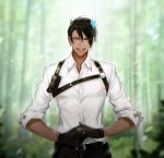  1boy aragami_oga bangs belt belt_buckle black_gloves black_hair black_pants blurry blurry_background buckle chest_harness dark-skinned_male dark_skin dress_shirt earrings eyebrows_behind_hair gloves green_eyes hair_between_eyes harness highres holostars horns ice_horns jewelry looking_at_viewer male_focus open_mouth pants pouch sharp_teeth shirt sinap_(12000klb) single_horn sleeves_folded_up sleeves_past_elbows smile solo teeth virtual_youtuber white_shirt 
