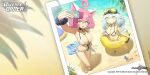  2girls :d ahoge animal_ears arm_up armpits bare_shoulders beach bikini black_choker blue_eyes breasts choker cleavage diverse_order eyewear_hang eyewear_removed goggles goggles_on_head halterneck highres innertube large_breasts looking_at_viewer multicolored_hair multiple_girls navel official_art phone picture_(object) pink_hair romana scrunchie selfie short_hair showgirl_skirt smile standing stomach streaked_hair string_bikini sunglasses swimsuit thighs watermark white_bikini white_hair wrist_scrunchie 