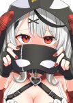  1girl breasts cleavage fingerless_gloves gloves highres holding holding_mask hololive hood large_breasts mask orca_hood red_eyes sakamata_chloe solo tkc_(user_snjd8547) virtual_youtuber white_hair 