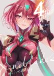  1girl bangs black_gloves bodysuit breasts chest_jewel earrings fingerless_gloves gloves hinot impossible_bodysuit impossible_clothes jewelry large_breasts pyra_(xenoblade) red_eyes red_hair short_hair solo swept_bangs tiara xenoblade_chronicles_(series) xenoblade_chronicles_2 