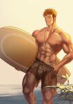  1boy abs ass_visible_through_thighs bara blonde_hair brown_hair bulge clothes_pull commission contrapposto dark-skinned_male dark_skin dog_tags ear_piercing erection erection_under_clothes facial_hair feet_out_of_frame goatee highres holding holding_surfboard large_pectorals looking_at_viewer male_focus male_swimwear mature_male multicolored_hair muscular muscular_male nanyu1998 navel navel_hair nipples original pectorals piercing pulled_by_self romg scar scar_across_eye scar_on_cheek scar_on_face seductive_smile see-through_legwear short_hair shorts shorts_pull sideburns smile solo spiked_hair stomach stomach_tattoo surfboard swim_trunks swimsuit swimsuit_pull swimsuit_under_clothes tattoo thick_eyebrows thick_thighs thighs topless_male two-tone_hair undercut undressing wet wet_clothes wet_swimsuit white_male_swimwear 