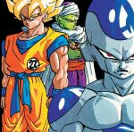  3boys arms_at_sides belt black_background black_outline blonde_hair blue_belt blue_eyes blue_wristband cape clenched_hands close-up closed_mouth colored_skin crossed_arms dougi dragon_ball dragon_ball_z face feet_out_of_frame frieza frown green_skin highres looking_at_viewer male_focus multiple_boys muscular muscular_male no_eyebrows orange_pants outline pants pectorals piccolo pointy_ears purple_pants red_eyes red_sash sash serious sideways_glance simple_background son_goku spiked_hair super_saiyan super_saiyan_1 toriyama_akira turban undershirt white_cape wristband 