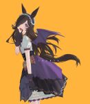  1girl :d absurdres animal_ears bangs bat_wings black_hair blush bow character_name commentary_request fang from_side hair_over_one_eye hand_up highres horse_ears horse_girl horse_tail long_hair looking_at_viewer looking_to_the_side make_up_in_halloween!_(umamusume) oka_ball orange_background pleated_skirt puffy_short_sleeves puffy_sleeves purple_eyes purple_skirt purple_wings rice_shower_(umamusume) shirt short_sleeves simple_background skirt smile solo standing striped striped_bow tail umamusume v_over_mouth very_long_hair white_shirt wings 