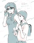  1boy 1girl age_difference backpack bag breasts earrings fingerless_gloves glasses gloves highres holding ikari_shinji jewelry katsuragi_misato looking_at_another neon_genesis_evangelion short_hair size_difference yanon3721 