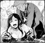  1boy 1girl bangs black_hair breasts chinese_clothes cleavage elbow_gloves fate/grand_order fate_(series) glasses gloves greyscale li_shuwen_(fate) li_shuwen_(old)_(fate) long_hair lying massage monochrome old old_man open_mouth short_hair sunglasses sweat syatey yu_mei-ren_(fate) 