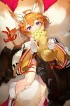  1girl ahoge animal animal_ear_fluff animal_ears animal_hands bangs blurry braid crossed_bangs eight-tailed_fox_nari facepaint feet_out_of_frame fox fox_ears fox_girl fox_tail groin guardian_tales hair_between_eyes hair_ornament hair_ribbon hairclip highres holding holding_animal korean_clothes light_blush long_hair looking_at_viewer multiple_tails orange_hair purple_eyes red_background red_ribbon ribbon short_eyebrows skindentation smile tail thigh_strap wide_sleeves yogurt_bakudan 