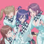 1boy 3girls absurdres androgynous bangs black_scarf blunt_bangs blush bodysuit bottle braid breasts brown_hair checkered checkered_scarf cleavage closed_eyes cowboy_shot danganronpa_(series) danganronpa_v3:_killing_harmony dice_members_(danganronpa) drinking drinking_straw eye_contact grey_bodysuit grey_jacket grey_pants grey_skirt grin hair_between_eyes hand_up heart highres holding holding_brush jacket large_breasts long_hair long_sleeves looking_at_another looking_down multiple_girls open_mouth ouma_kokichi pants pink_background pink_eyes pink_hair scarf shiny shiny_hair short_hair simple_background skirt smile ttegi_(ddeck_dg) twintails tying_hair upper_body white_scarf 