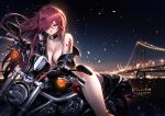  1girl absurdres been black_gloves blurry blurry_background blush bottomless breasts bridge cleavage collarbone elesis_(elsword) elsword floating_hair gloves ground_vehicle hair_over_one_eye half_gloves hand_in_hair highres large_breasts long_hair looking_at_viewer motor_vehicle motorcycle night open_mouth red_eyes red_hair riding shiny shiny_hair shoulder_tattoo solo tattoo very_long_hair 