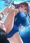  1boy 1girl barefoot blue_swimsuit breasts brown_hair commentary_request competition_swimsuit covered_navel freediving highleg highleg_swimsuit holding_breath large_breasts natsushima_memo one-piece_swimsuit original purple_eyes solo_focus stomping swimsuit underwater wavy_hair 