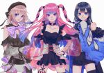  3girls amatsuki_koyomi bangs black_hair blue_eyes blue_hair bow bracelet choker earrings epitamago eyebrows_visible_through_hair gradient_hair grey_hair hanaizumi_joa hand_on_hip highres jewelry long_hair looking_at_viewer medium_hair multicolored_hair multiple_girls o-ring o-ring_choker parted_lips pink_hair purple_bow purple_eyes ritao_kamo simple_background smile striped striped_bow twintails twitter_username upper_body v-wave_project white_background 