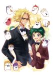  2boys all_might animal_on_head animalization bakugou_katsuki bangs black_bow black_bowtie black_hair black_jacket black_necktie blonde_hair blue_bow blue_bowtie boku_no_hero_academia bow bowtie brown_hair brown_shirt burn_scar clenched_hands collared_shirt colored_skin cropped_torso david_shield dress_shirt flower formal freckles green_hair grin hair_flower hair_ornament hamster highres iida_tenya jacket jirou_kyouka kaminari_denki kirishima_eijirou lliissaawwuu2 long_hair long_sleeves melissa_shield midoriya_izuku mineta_minoru multicolored_skin multiple_boys necktie on_head red_jacket scar shiny shiny_hair shirt sitting smile star_(symbol) striped striped_jacket teeth todoroki_shouto two-tone_skin uraraka_ochako white_background white_shirt yagi_toshinori yaoyorozu_momo 