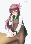  1girl absurdres apron black_legwear brown_apron brown_hair chair cowboy_shot dated green_sailor_collar green_skirt highres kantai_collection kisaragi_(kancolle) long_hair maru_(marg0613) one-hour_drawing_challenge purple_eyes red_neckwear remodel_(kantai_collection) sailor_collar simple_background skirt solo table thighhighs twitter_username white_background 