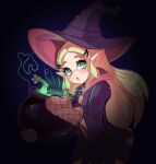  1girl absurdres black_dress black_headwear blonde_hair cauldron commentary dress english_commentary green_eyes hair_ornament hairclip hat highres holding long_hair long_sleeves looking_at_viewer nin10ja open_mouth oven_mitts pointy_ears princess_zelda solo the_legend_of_zelda witch_hat 